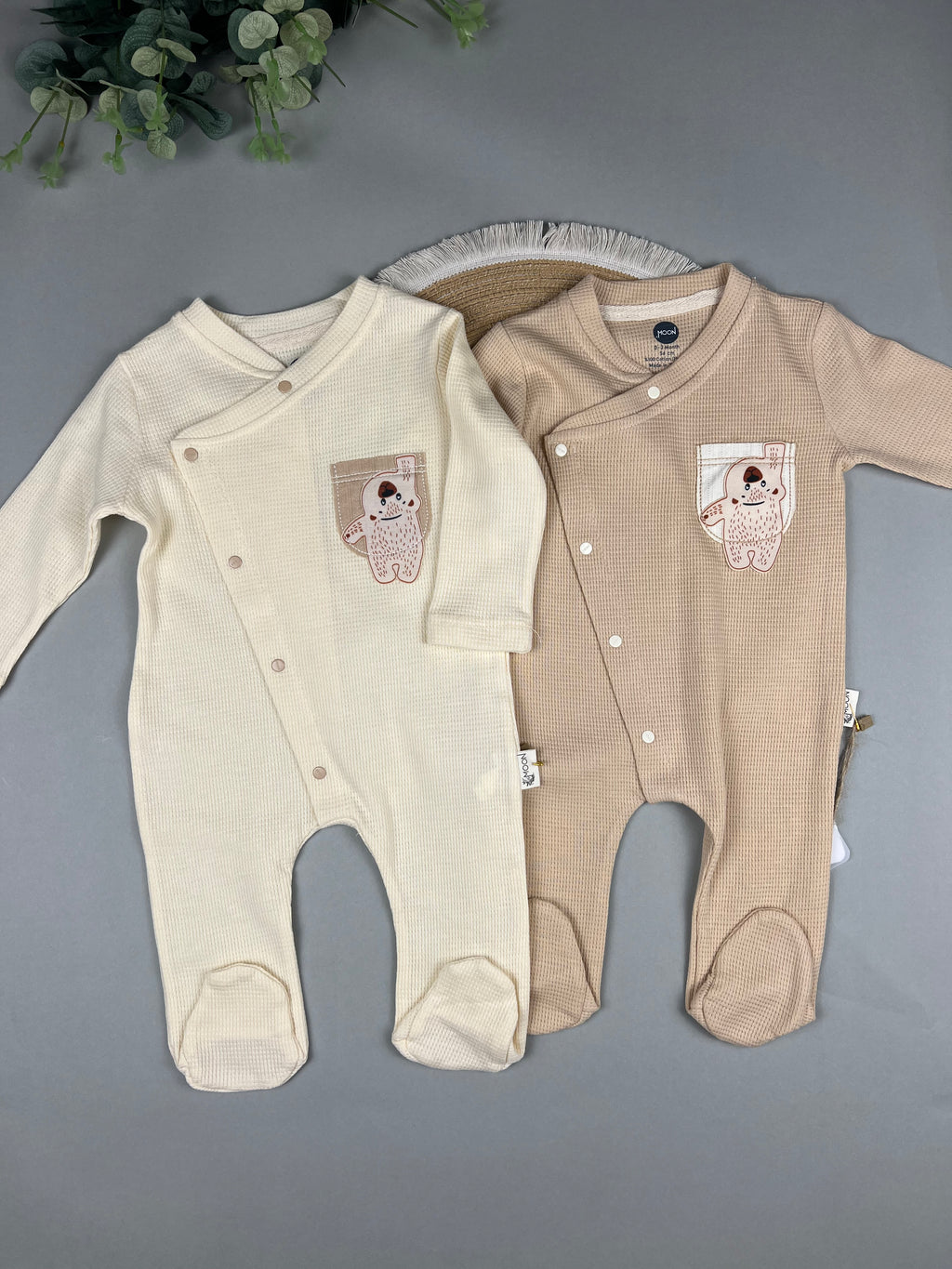 Baby Waffle Cotton Footed Romper – Bear Pocket