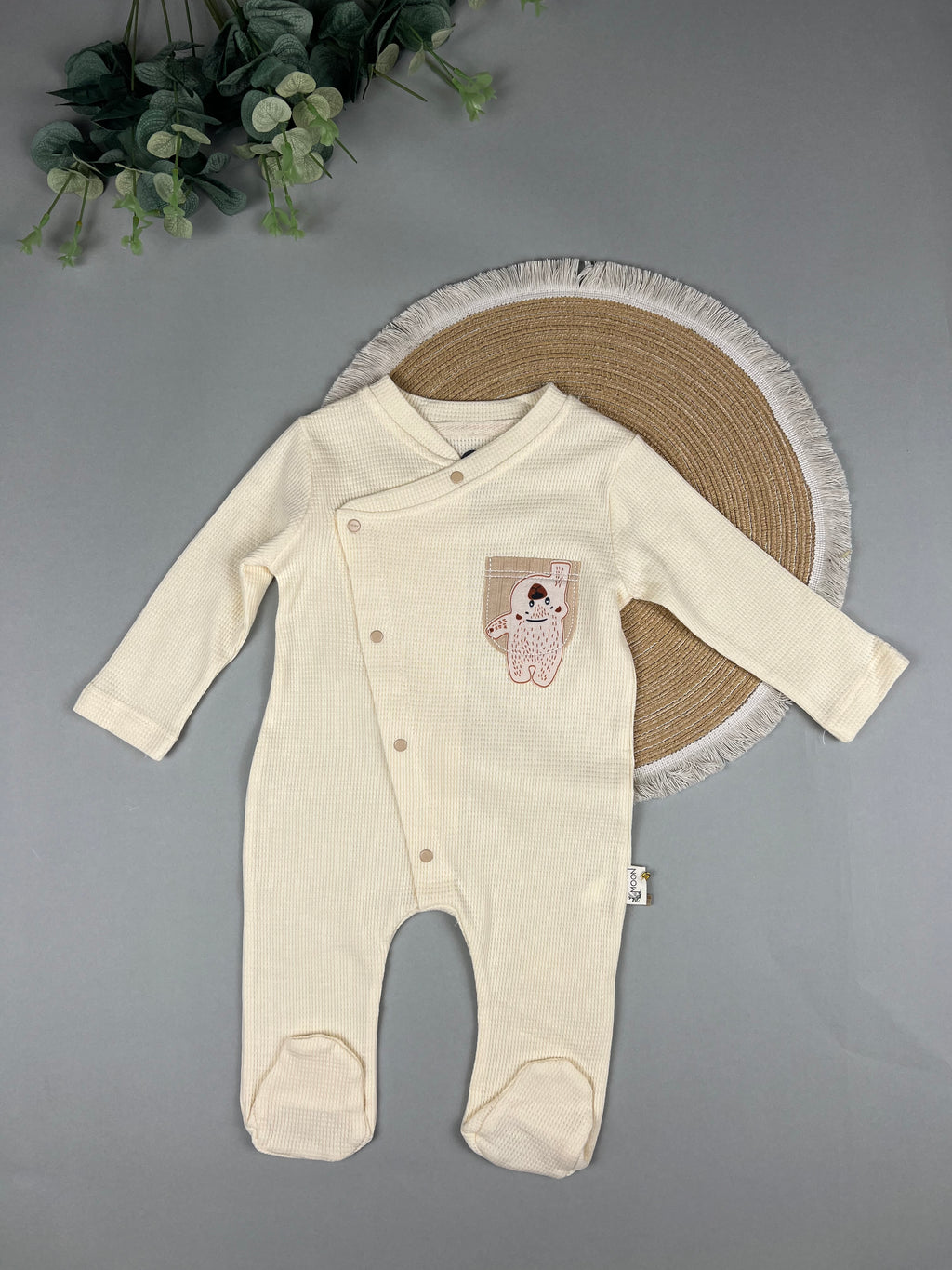 Baby Waffle Cotton Footed Romper – Bear Pocket