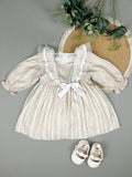 Elegant Beige Baby Girl Dress with Lace & Bow