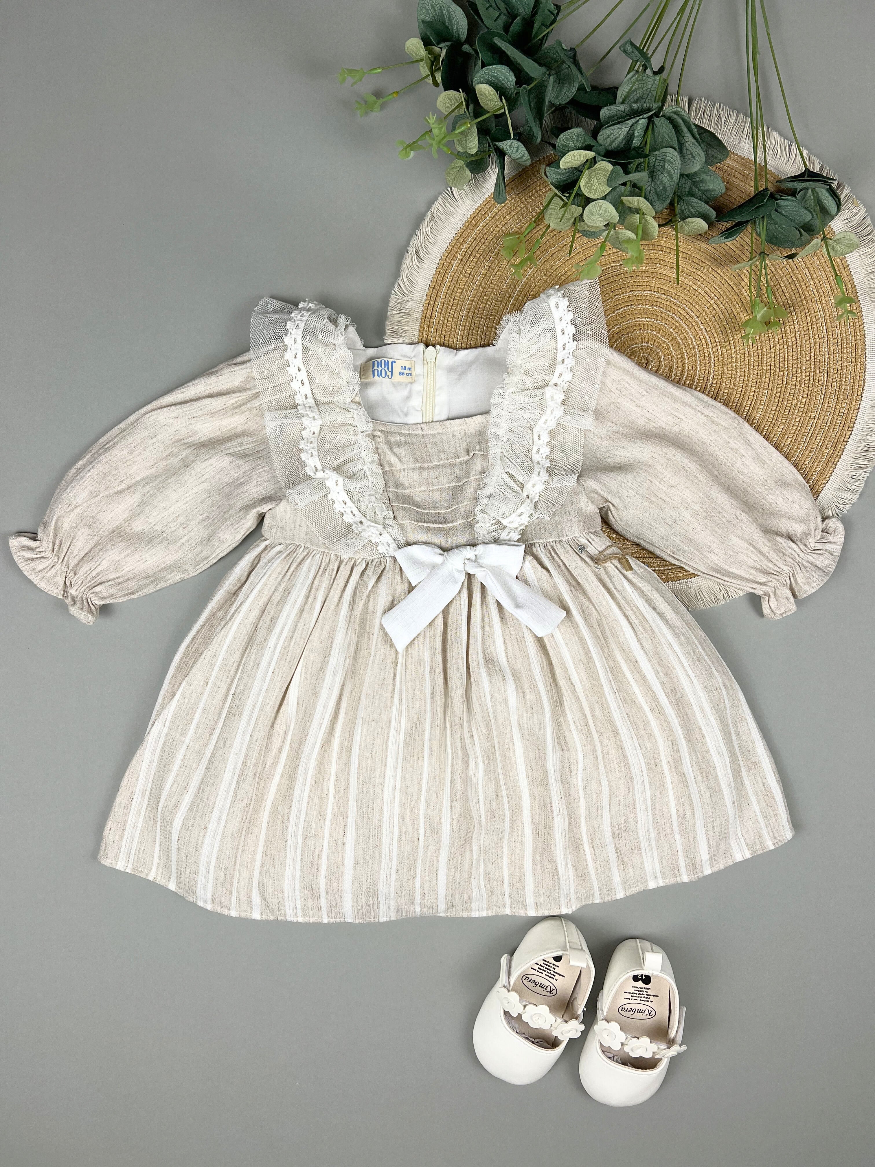 Elegant Beige Baby Girl Dress with Lace & Bow