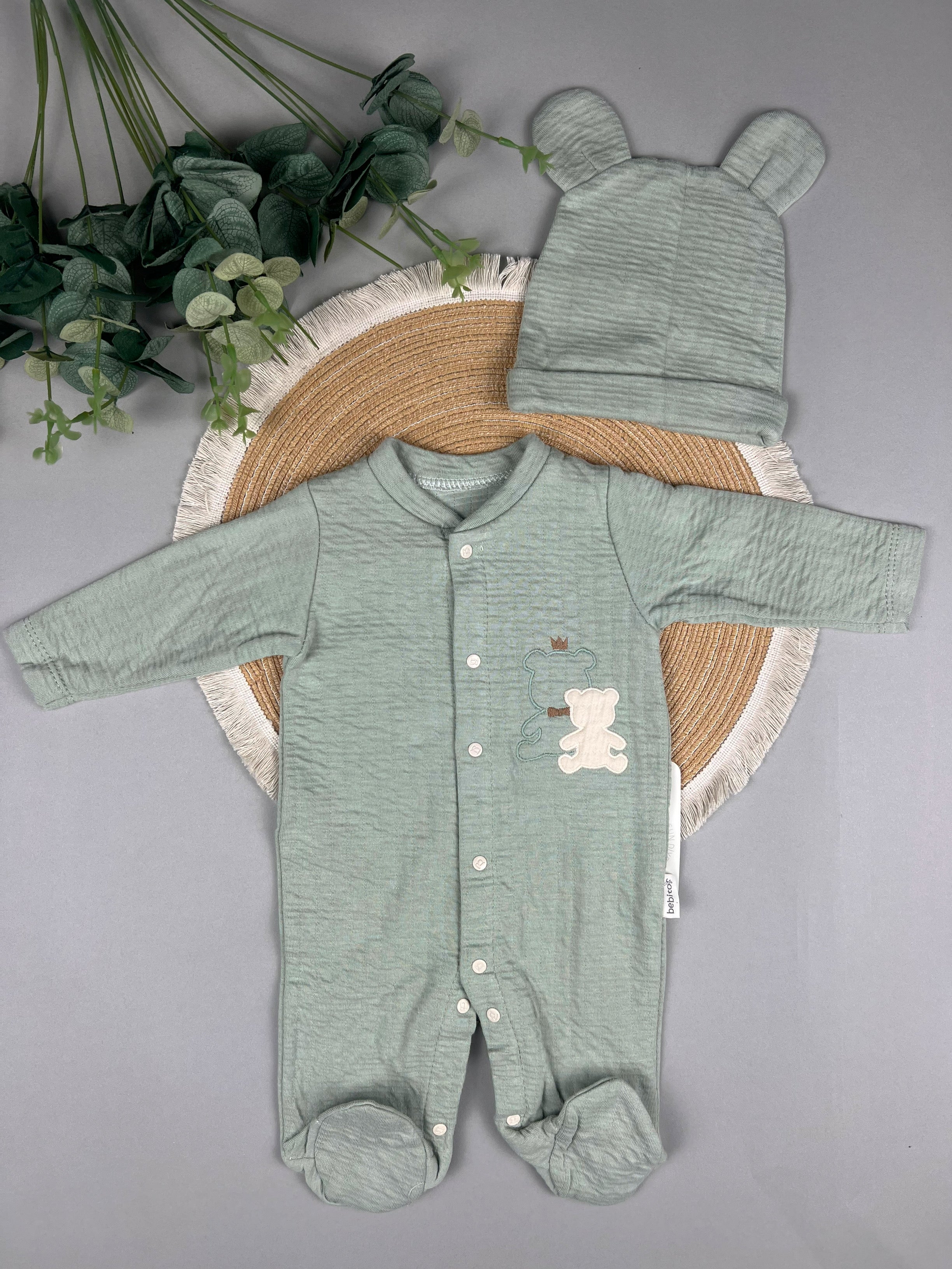 Footed overall with hat ( green and blue )