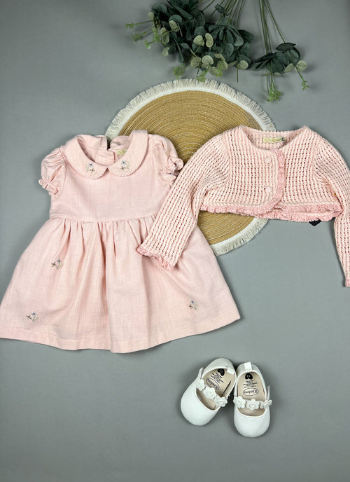 Baby Girl Pink Dress Set with Knit Cardigan