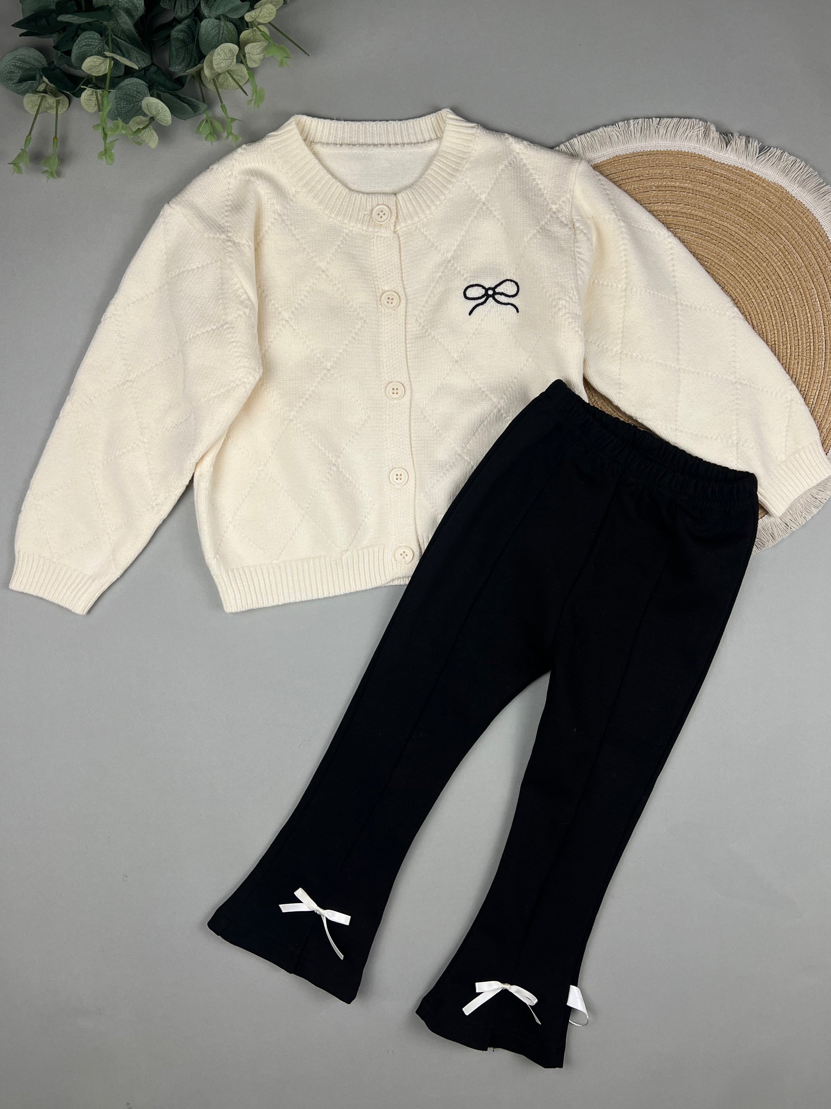 Knit cardigan with flare cotton pants