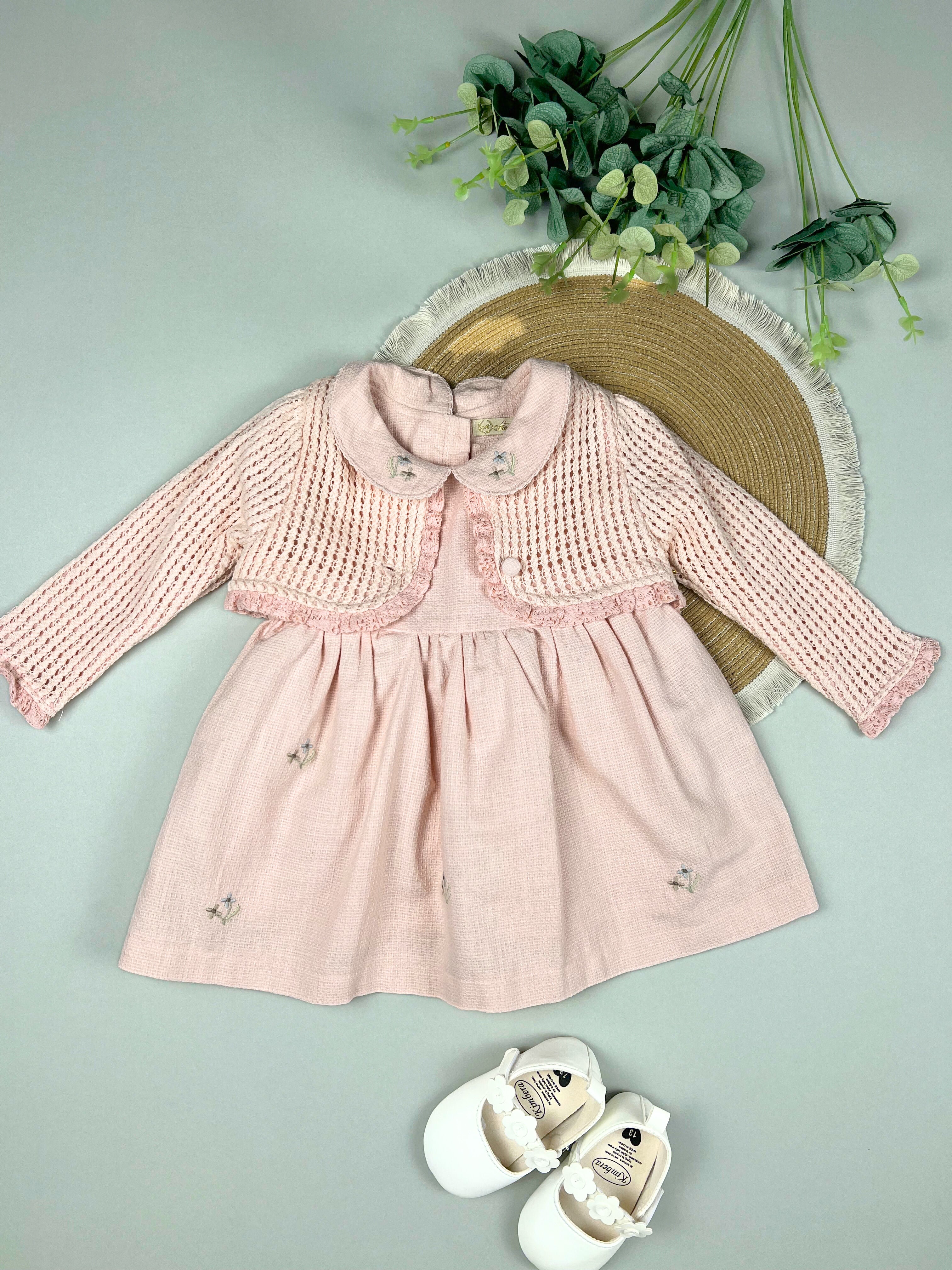 Baby Girl Pink Dress Set with Knit Cardigan