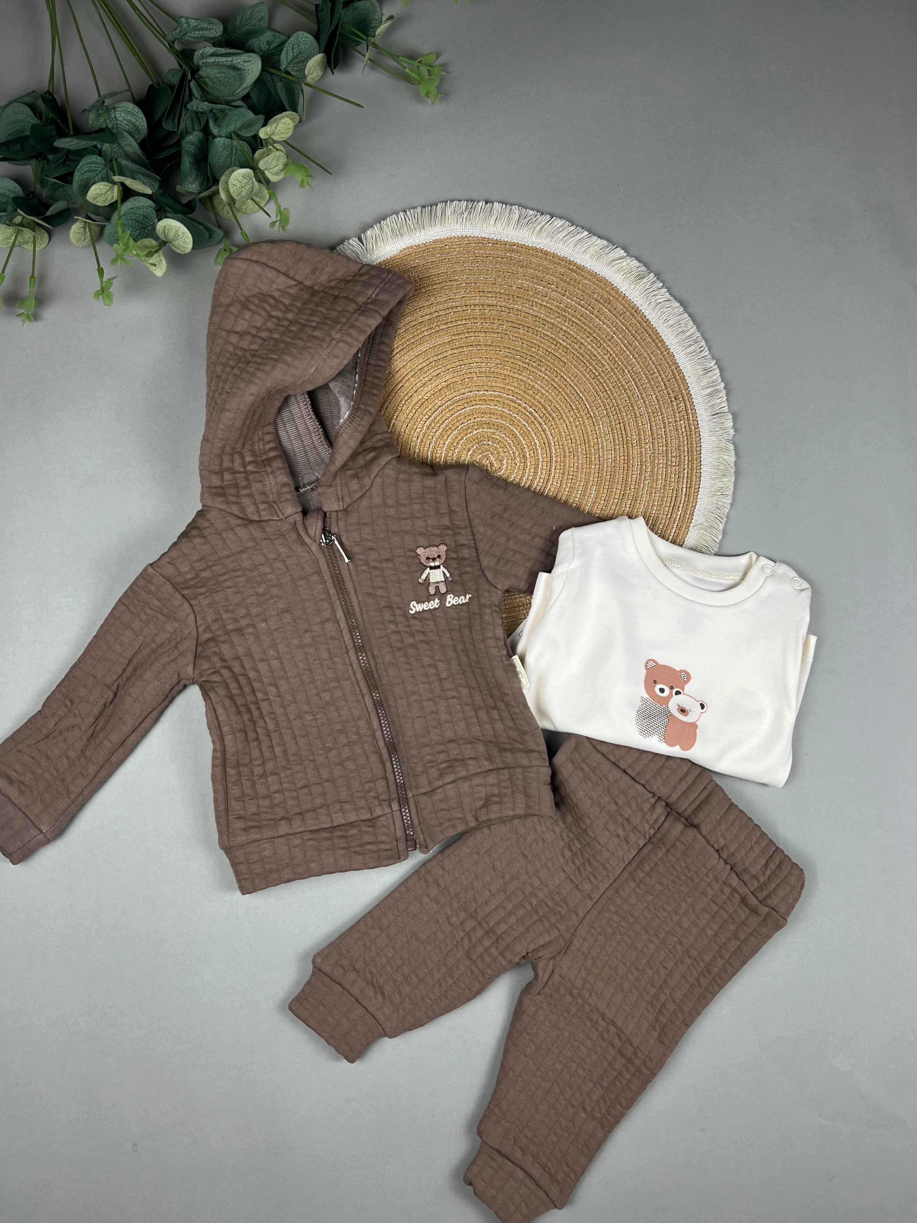 3-Piece Quilted Cotton Set – Sweet Bear (Jacket, Pants & T-Shirt)