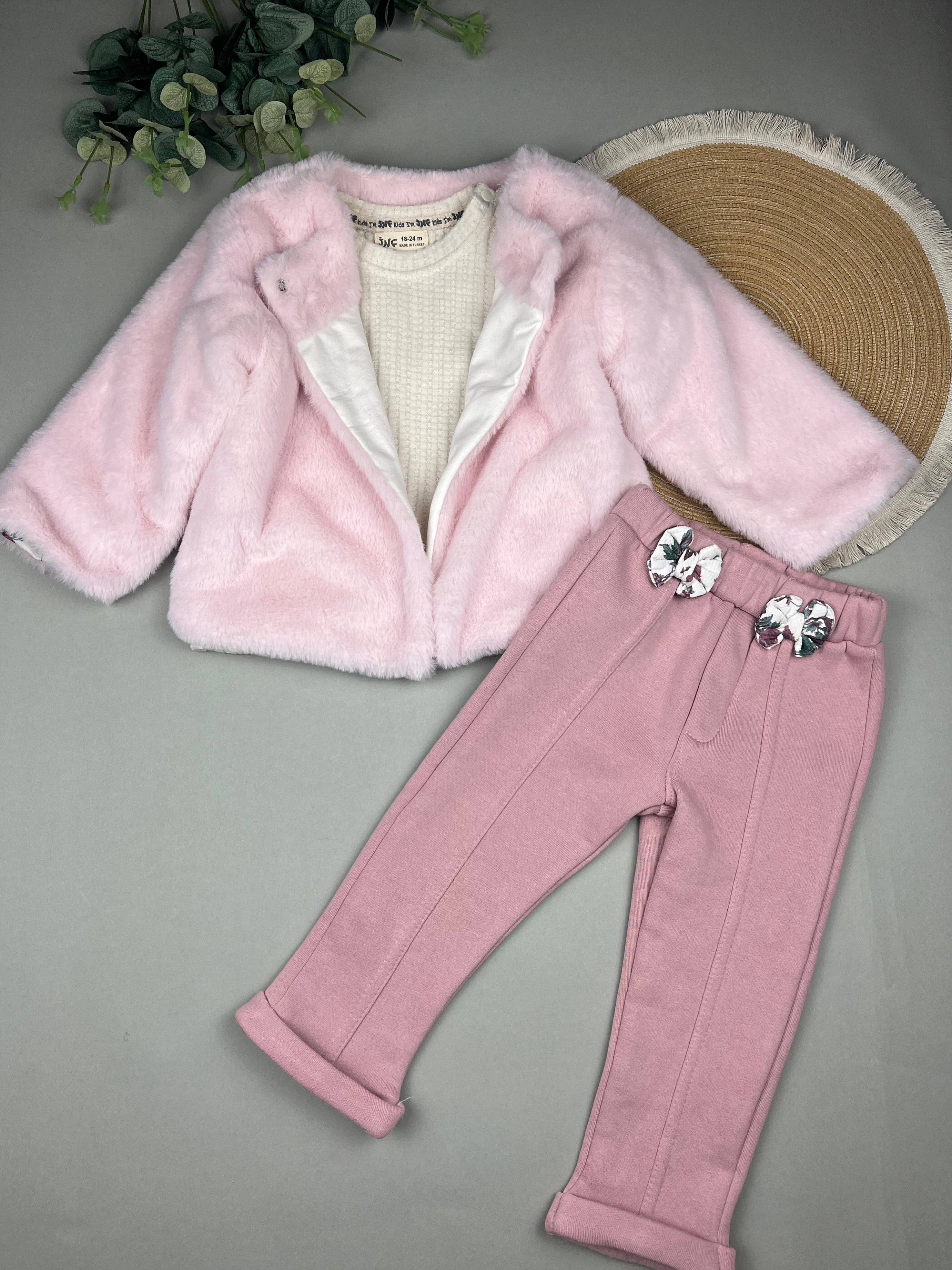 Fur jacket with cotton top and fleece pants