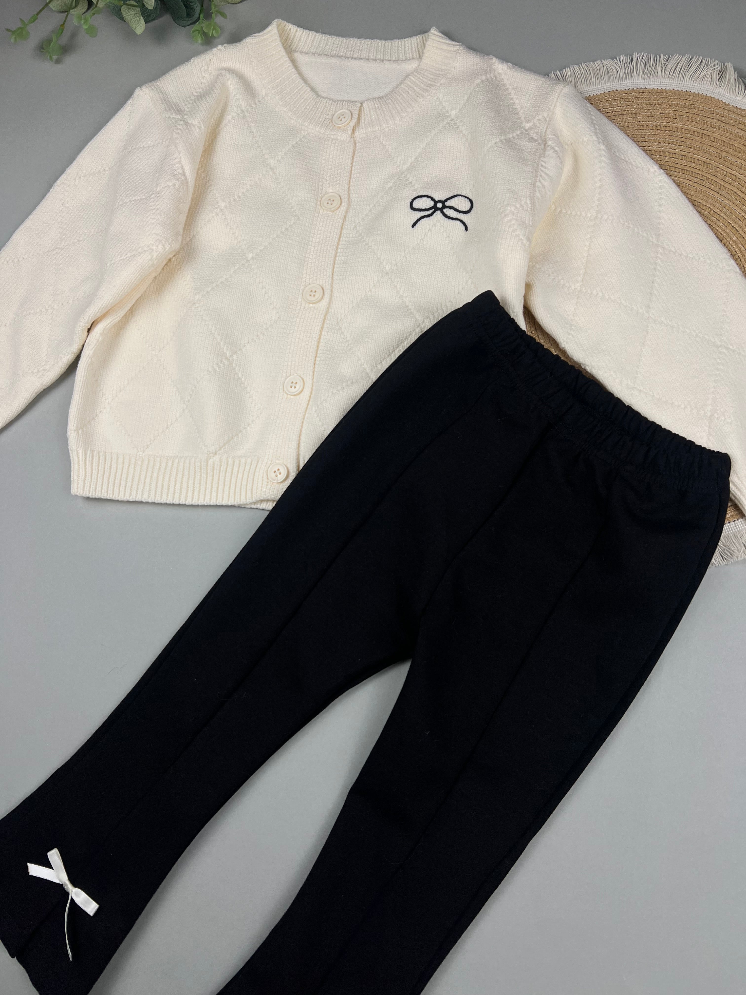 Knit cardigan with flare cotton pants