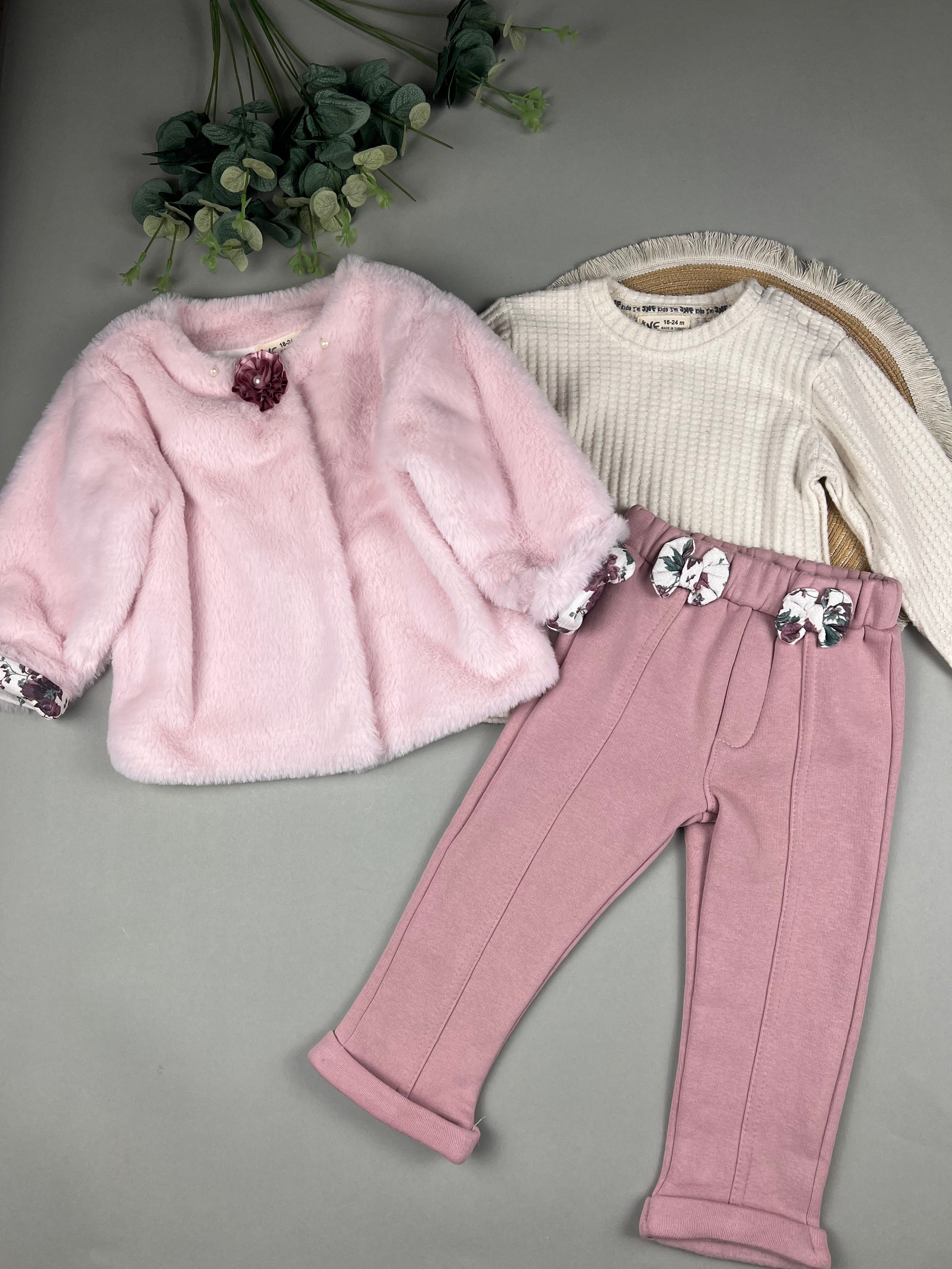Fur jacket with cotton top and fleece pants