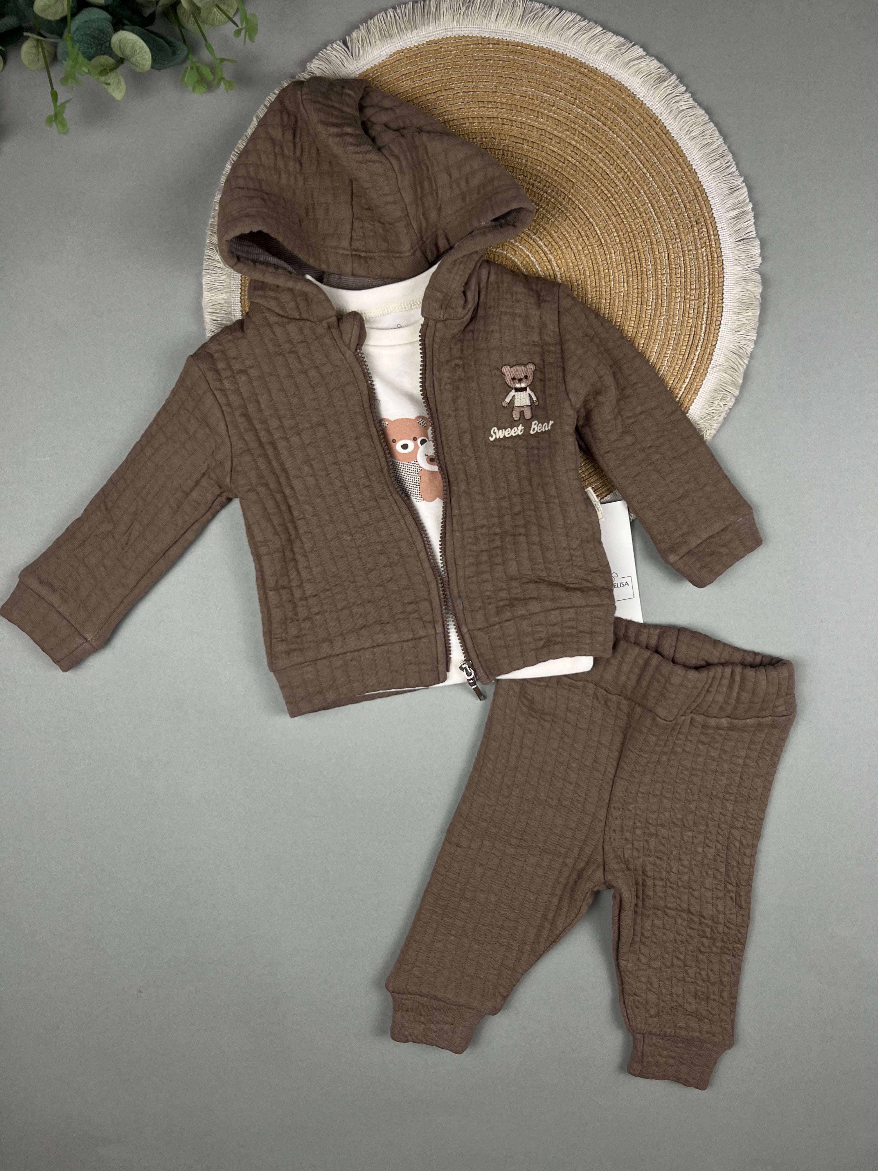 3-Piece Quilted Cotton Set – Sweet Bear (Jacket, Pants & T-Shirt)