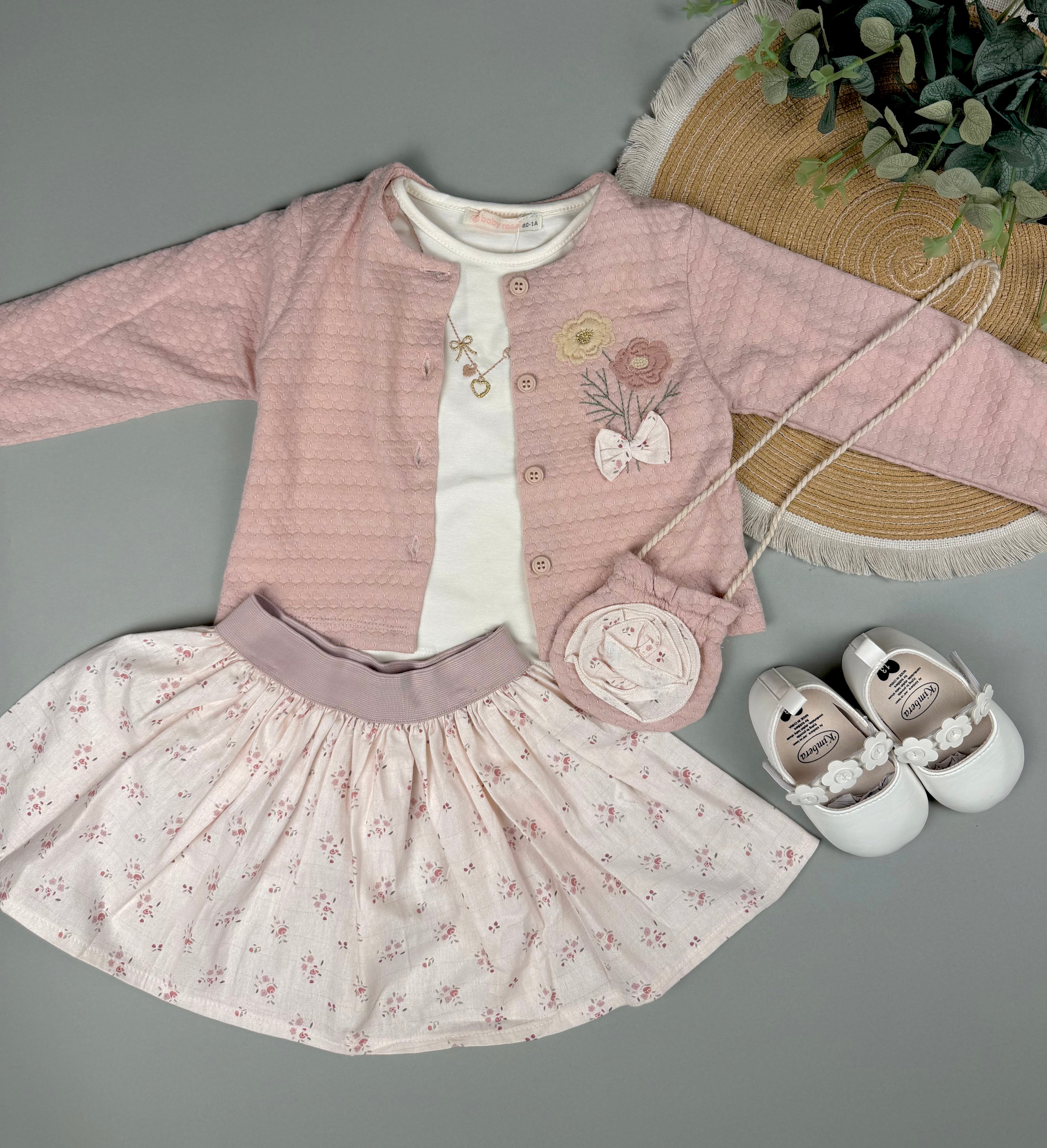 Pink Baby Girl 4-Piece Outfit Set with Cardigan, Skirt & Bag