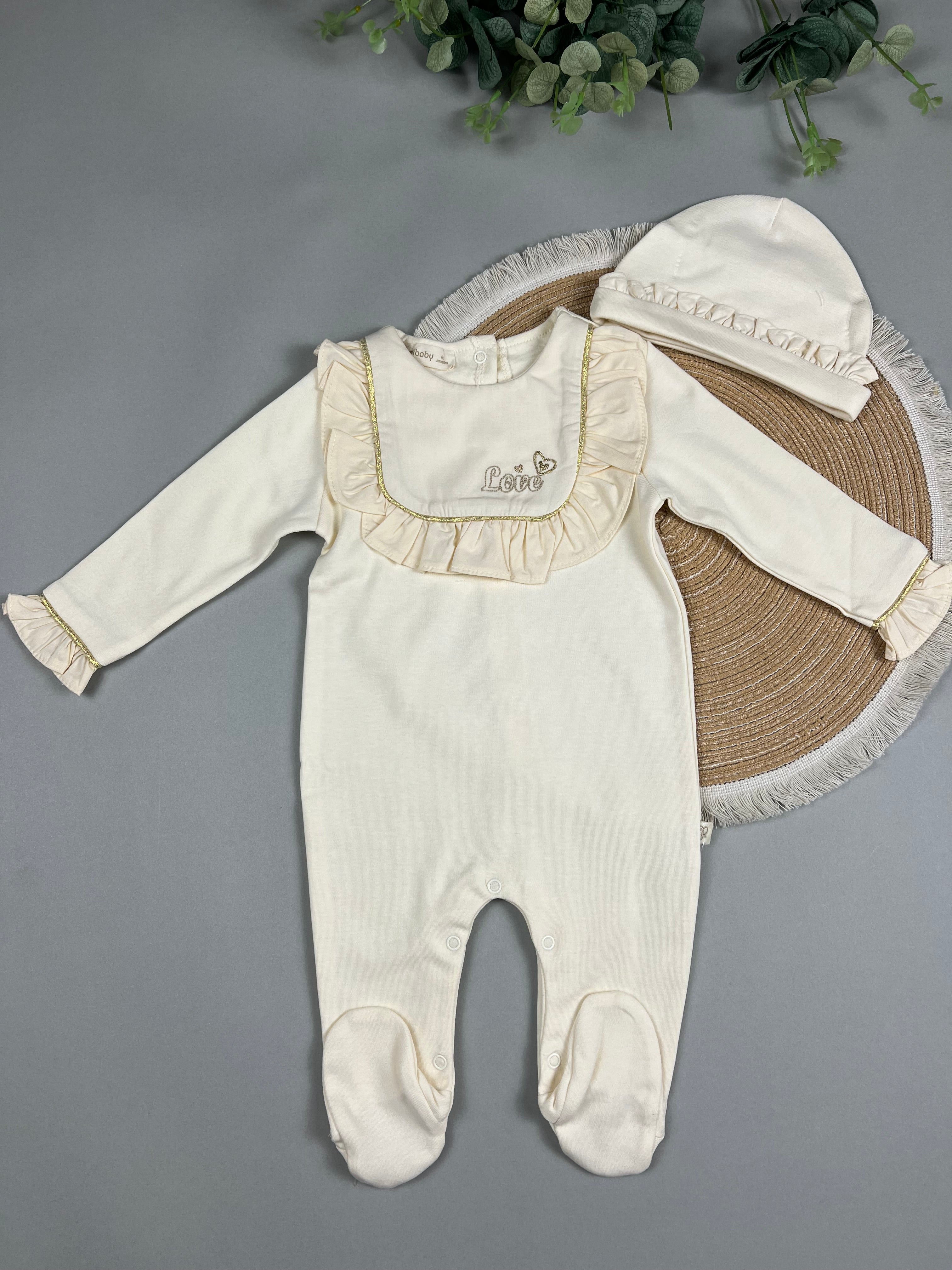 Classic Cream Baby Sleepsuit – “Love” Detail & Matching Hat