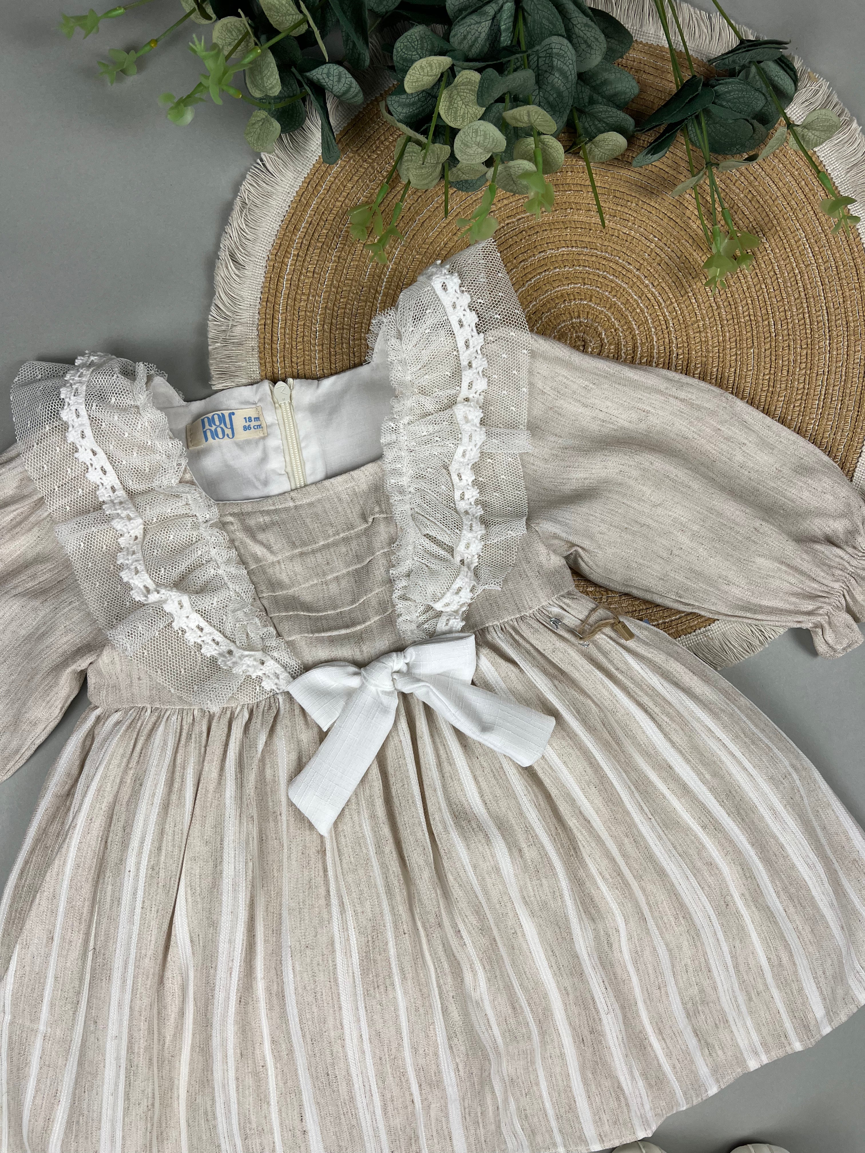 Elegant Beige Baby Girl Dress with Lace & Bow